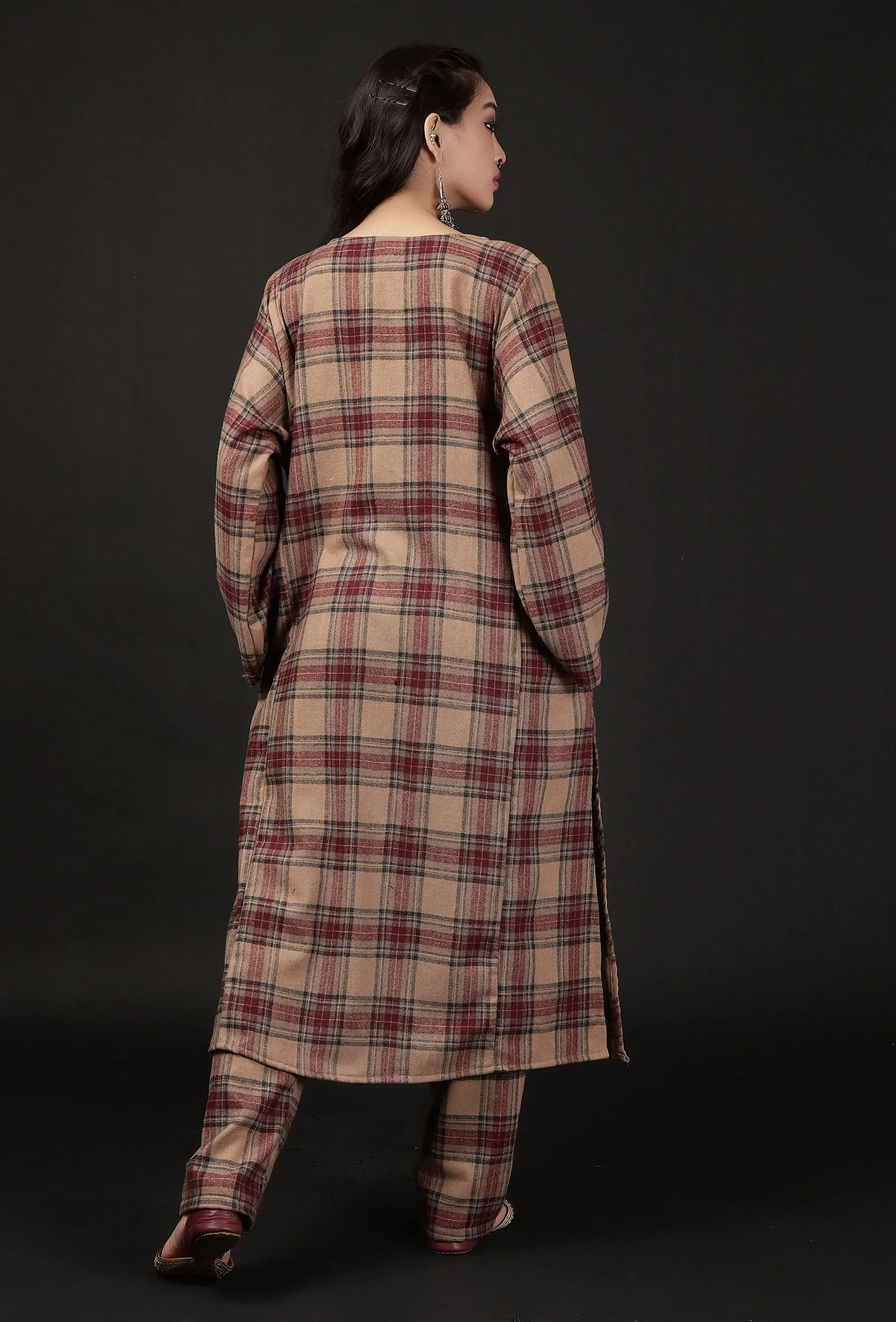 Chestnut Brown Woven Tartan Checks Phiran Kurta With Pockets