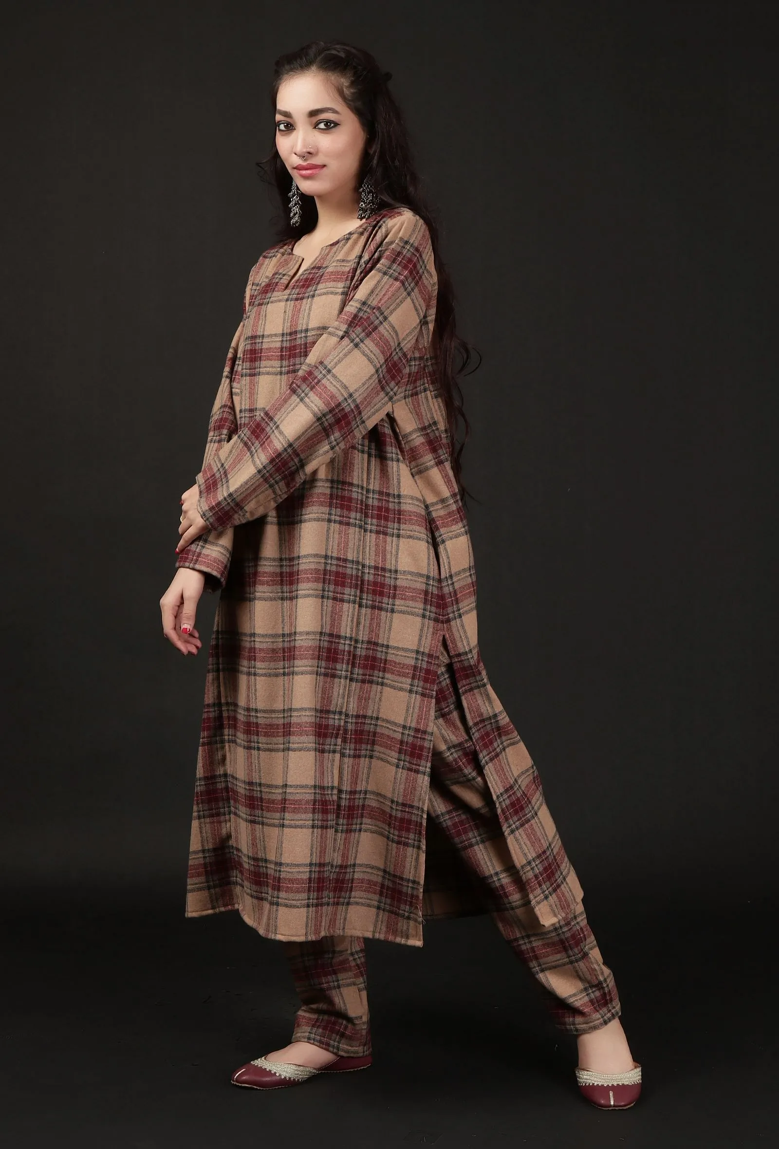 Chestnut Brown Woven Tartan Checks Phiran Kurta With Pockets