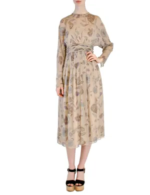 Chloé Vintage AW 1977 Gorgeous Beige Silk Chiffon Floral Harvest Print Dress