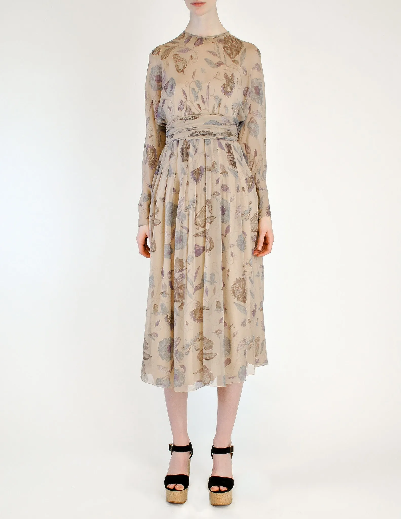 Chloé Vintage AW 1977 Gorgeous Beige Silk Chiffon Floral Harvest Print Dress