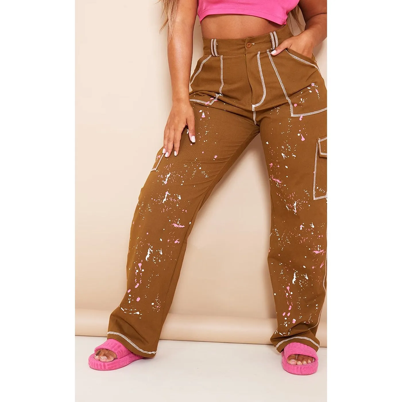 Contrast Stitch Paint Splatter Cargo Trousers