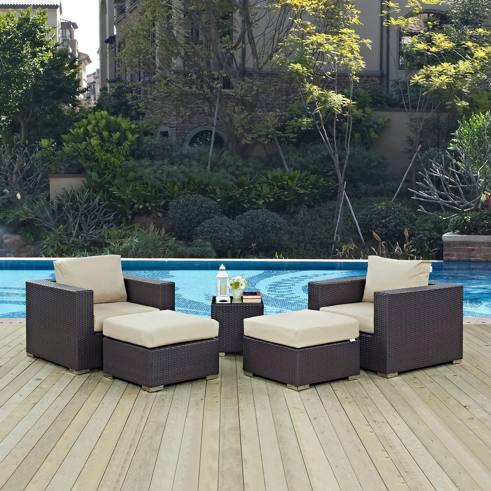 Convene 5 Piece Outdoor Patio Sectional Set Espresso Beige EEI-2201-EXP-BEI-SET