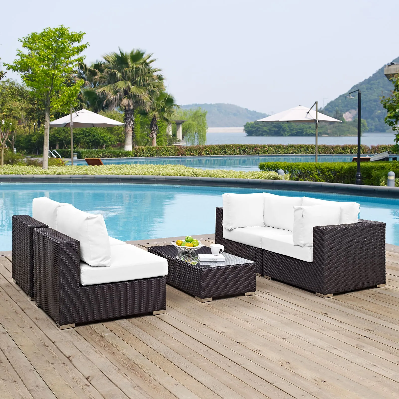 Convene 5 Piece Outdoor Patio Sectional Set Espresso White EEI-2163-EXP-WHI-SET