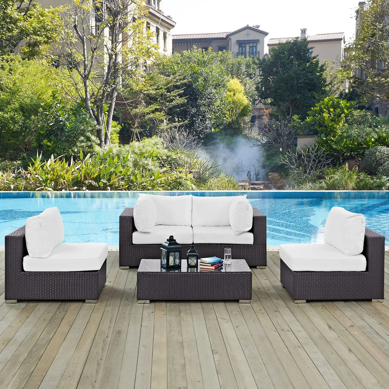 Convene 5 Piece Outdoor Patio Sectional Set Espresso White EEI-2163-EXP-WHI-SET