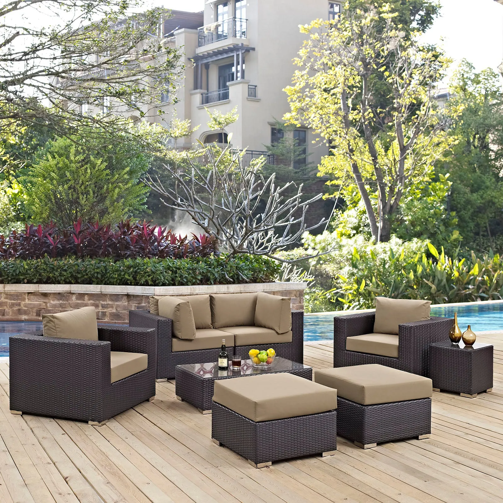 Convene 8 Piece Outdoor Patio Sectional Set Espresso Mocha EEI-2206-EXP-MOC-SET