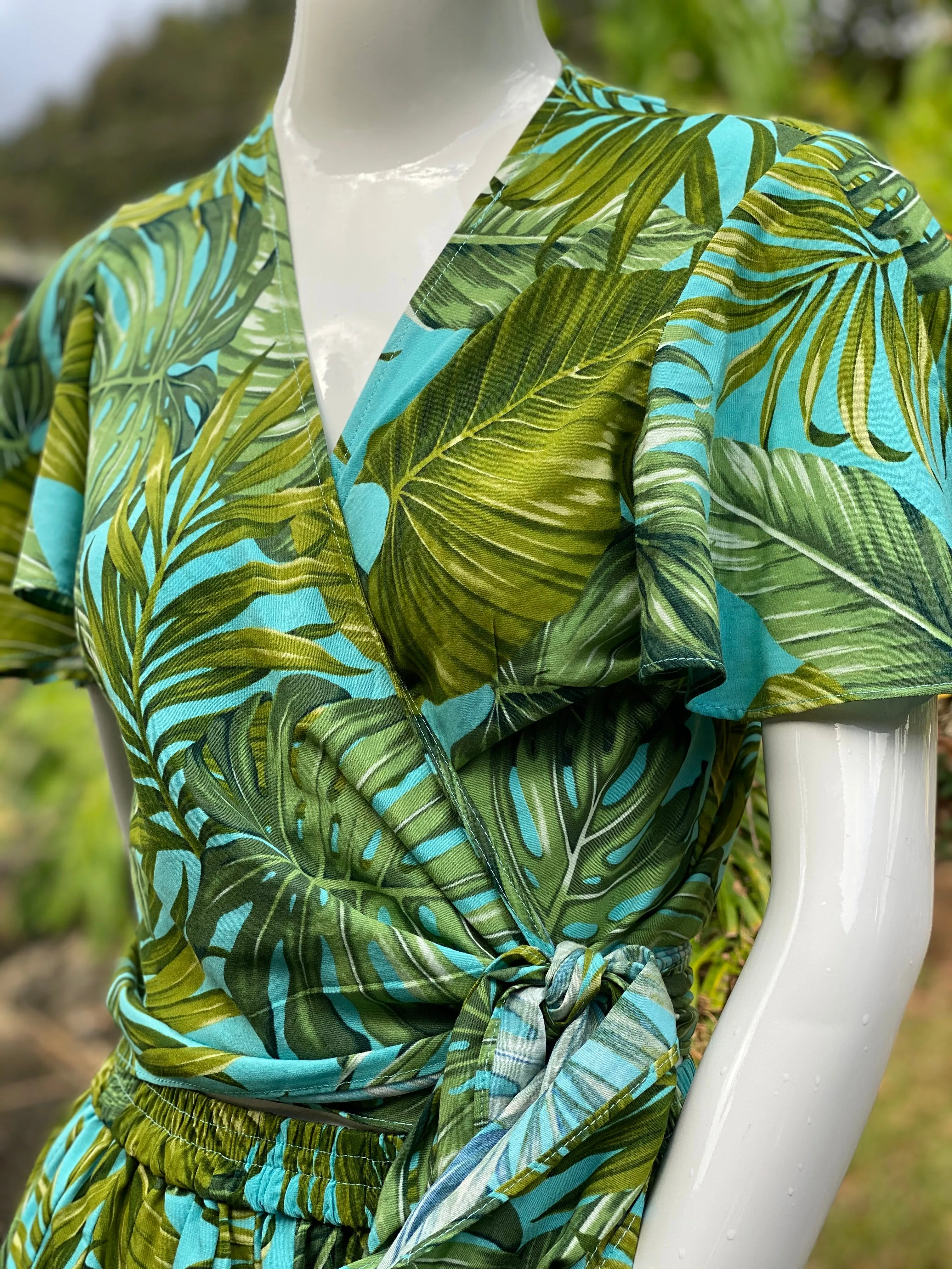 Cora Spearman Hawaii WOMENS Monstera 21 Turquoise Wrap Top