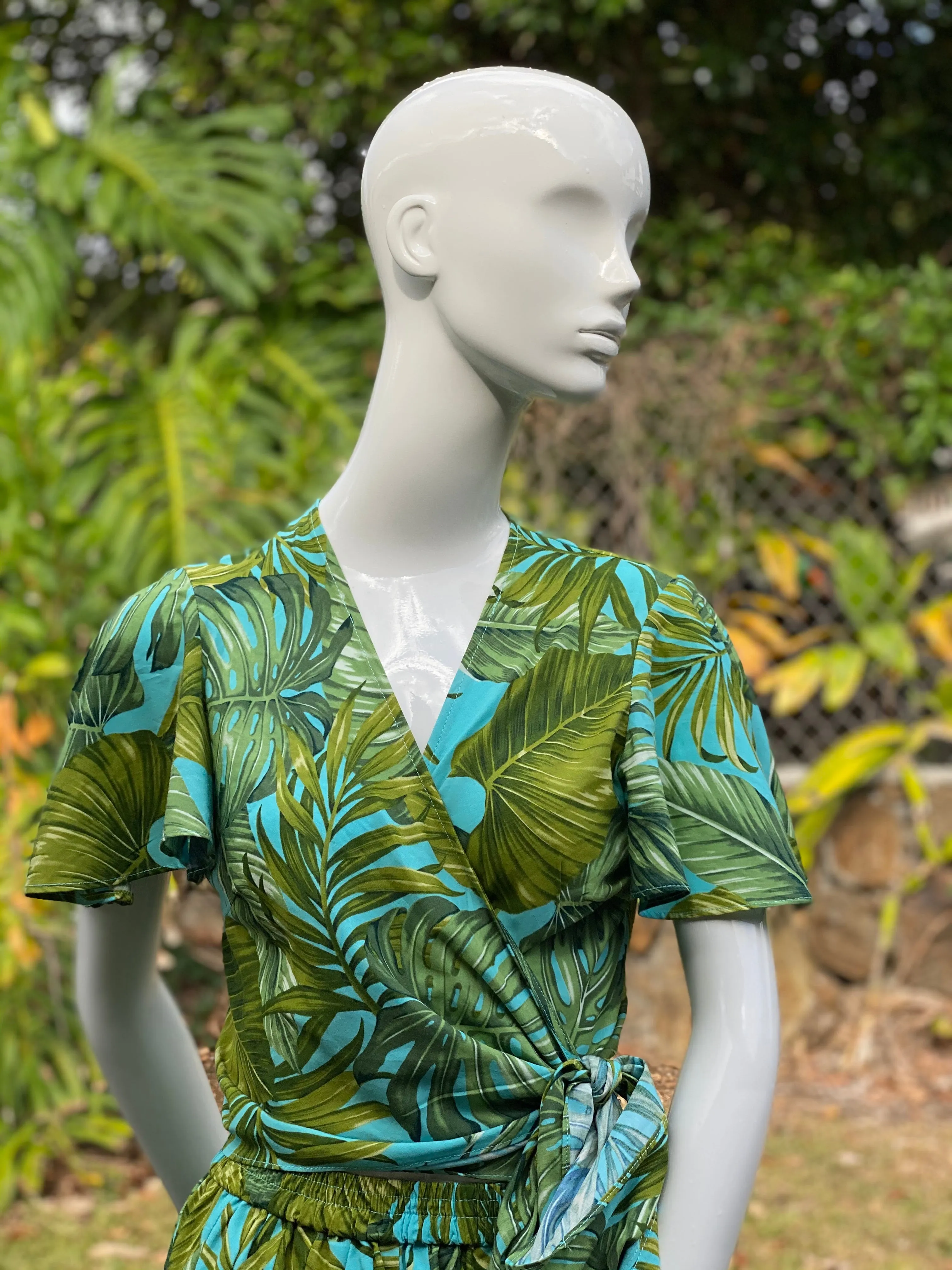 Cora Spearman Hawaii WOMENS Monstera 21 Turquoise Wrap Top