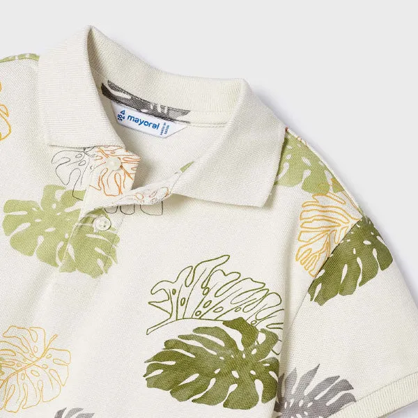 CREAM AND GREEN PRINT SHORT SLEEVE POLO TEE