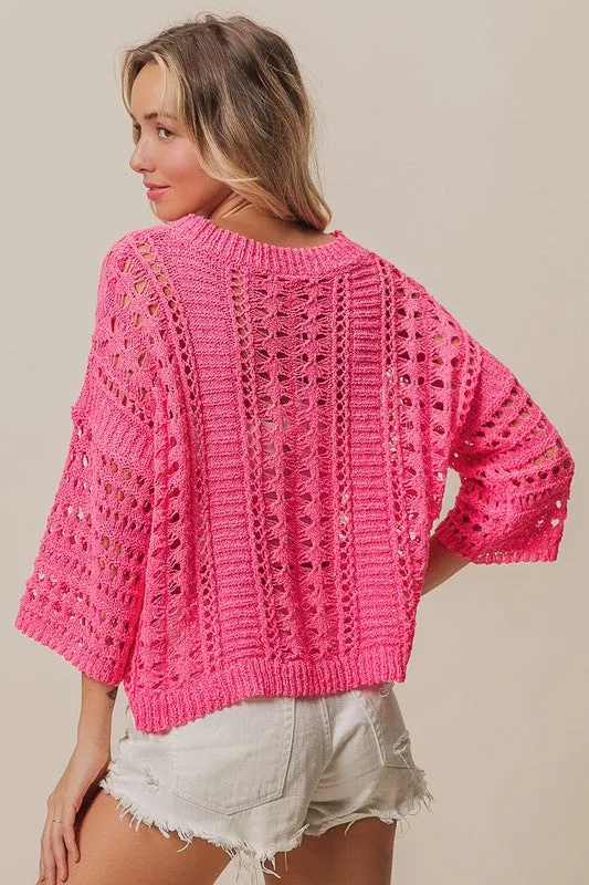 Crochet knit half sleeve round neck top