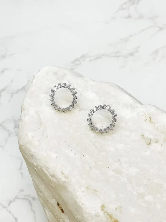 Cubic Zirconia Baguette Open Circle Stud Earrings - Silver