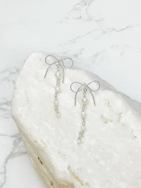 Dainty Bow & Pearl Chain Dangle Earrings - Silver