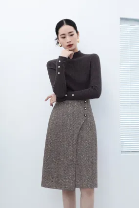 Dark Brown Irregular Split Wool Midi Skirts