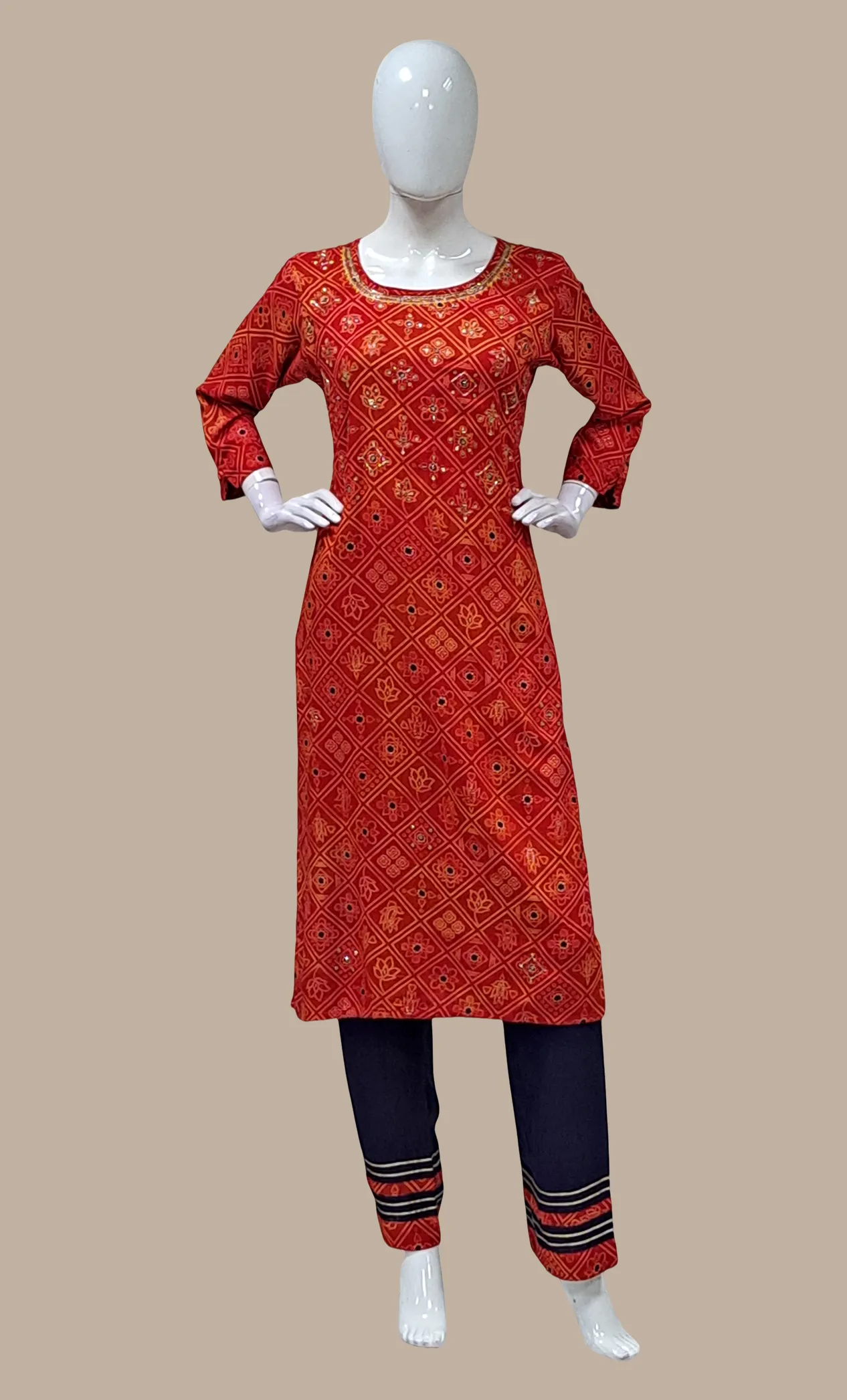 Deep Red Printed Kurti Top & Pants