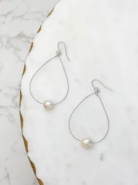 Freshwater Pearl Minimalist Oval Earrings - Silver