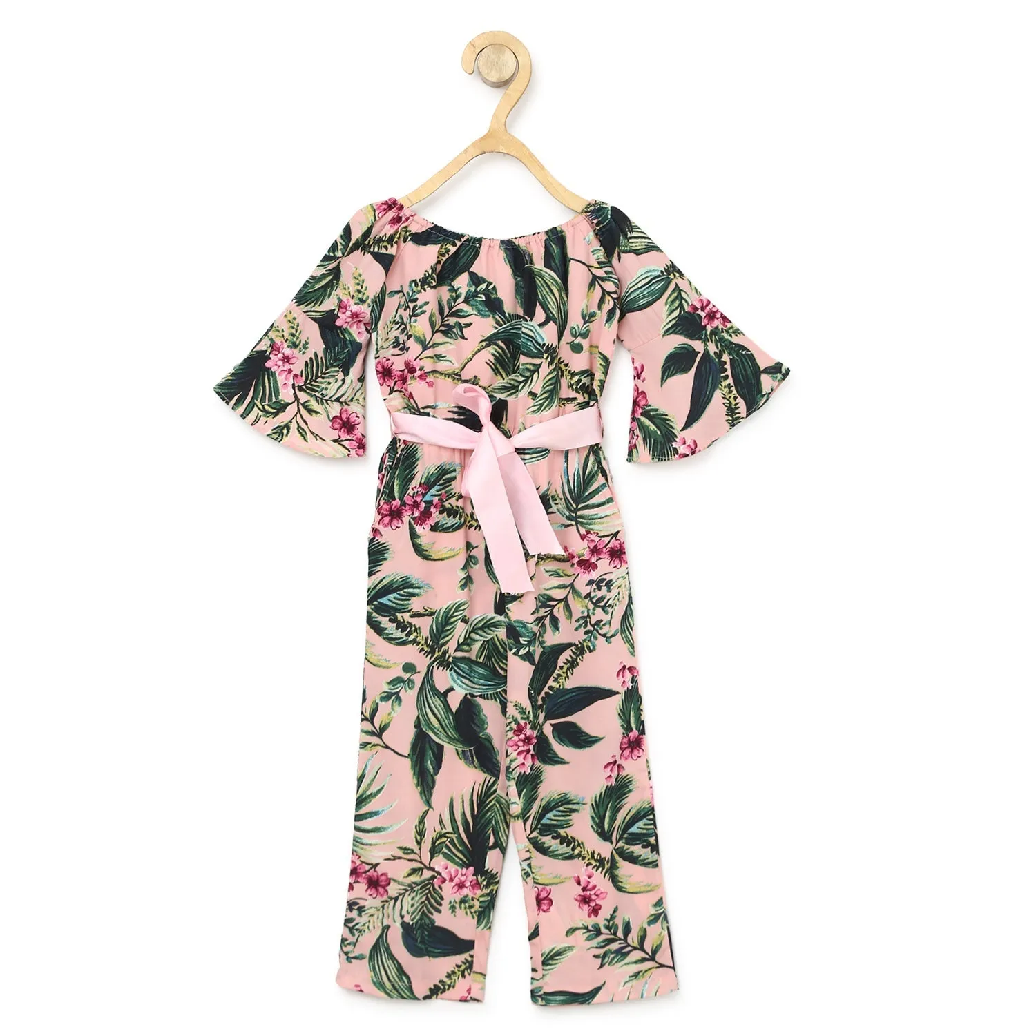 Girl's  Polyester Crepe Pink Floral Bell Sleeve Jumpsuit - StyleStone Kid