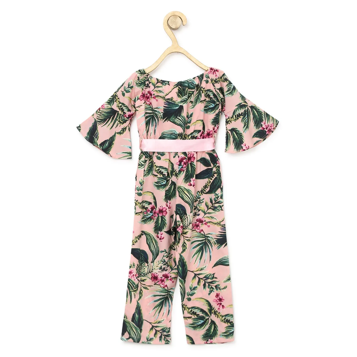 Girl's  Polyester Crepe Pink Floral Bell Sleeve Jumpsuit - StyleStone Kid