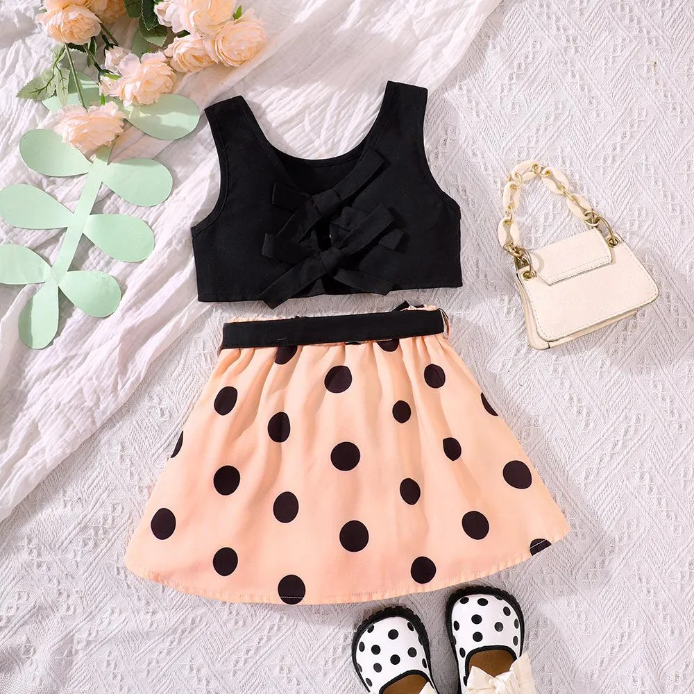 Girls Summer Short Vest Polka Dot Skirt Set Wholesale