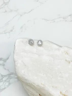 Glitzy Halo Oval Stud Earrings - Silver