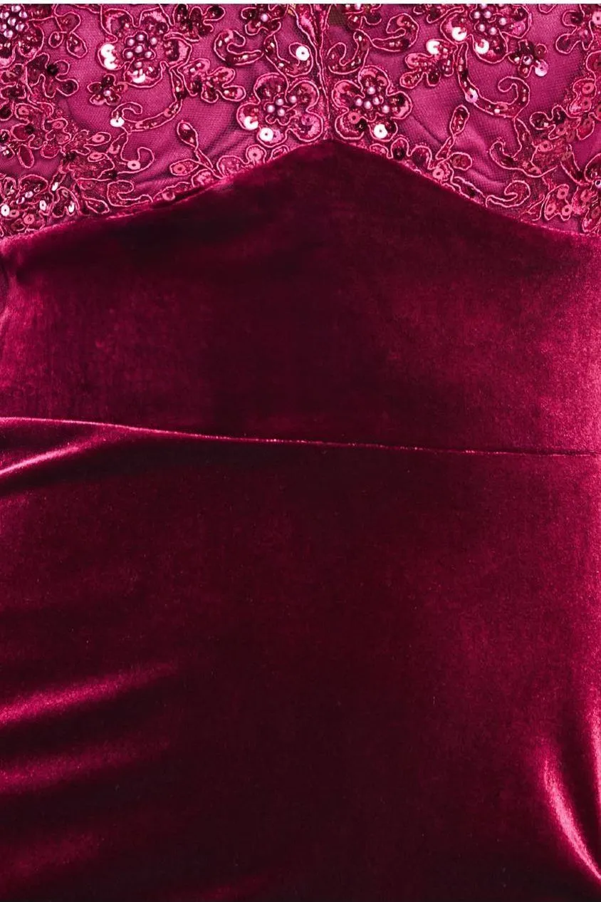 Goddiva Scalloped Lace & Velvet Midi - Burgundy