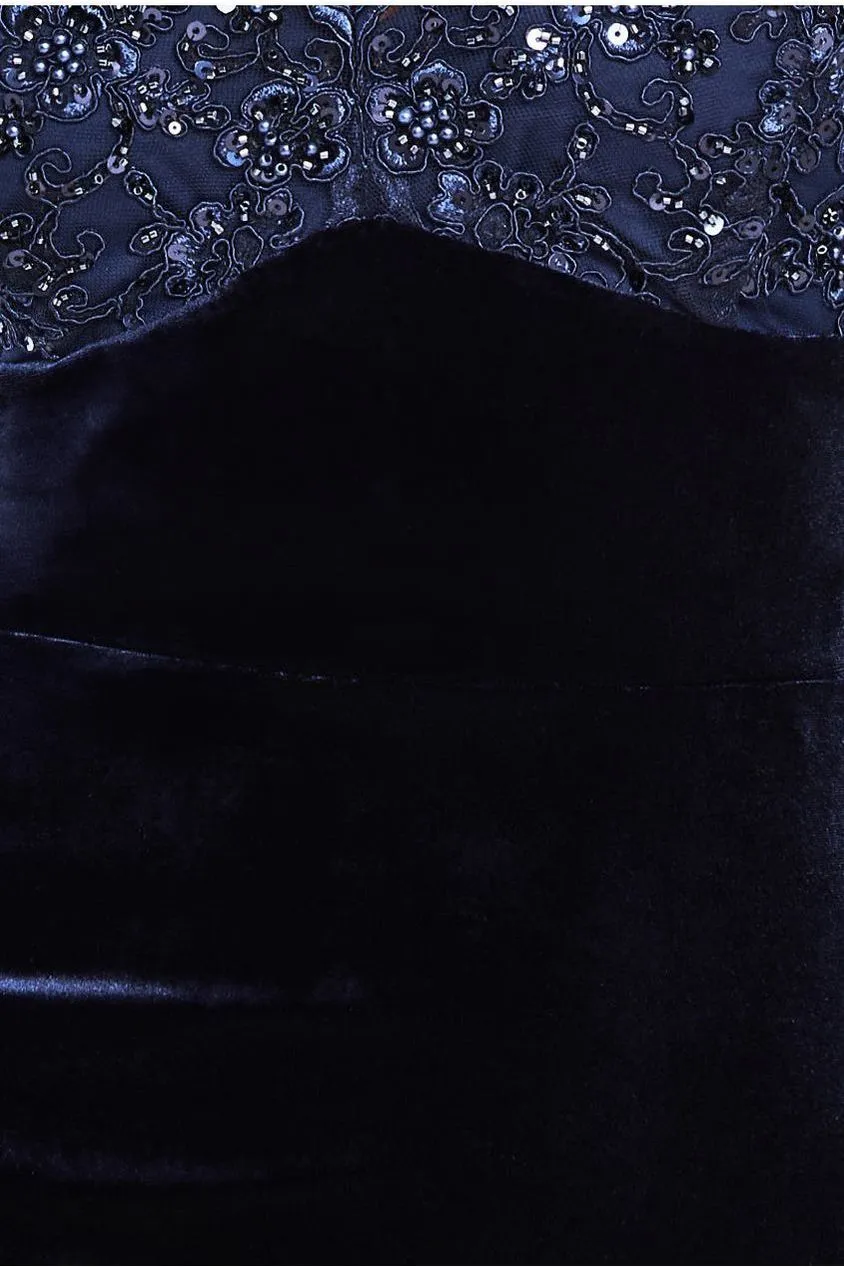 Goddiva Scalloped Lace & Velvet Midi - Navy