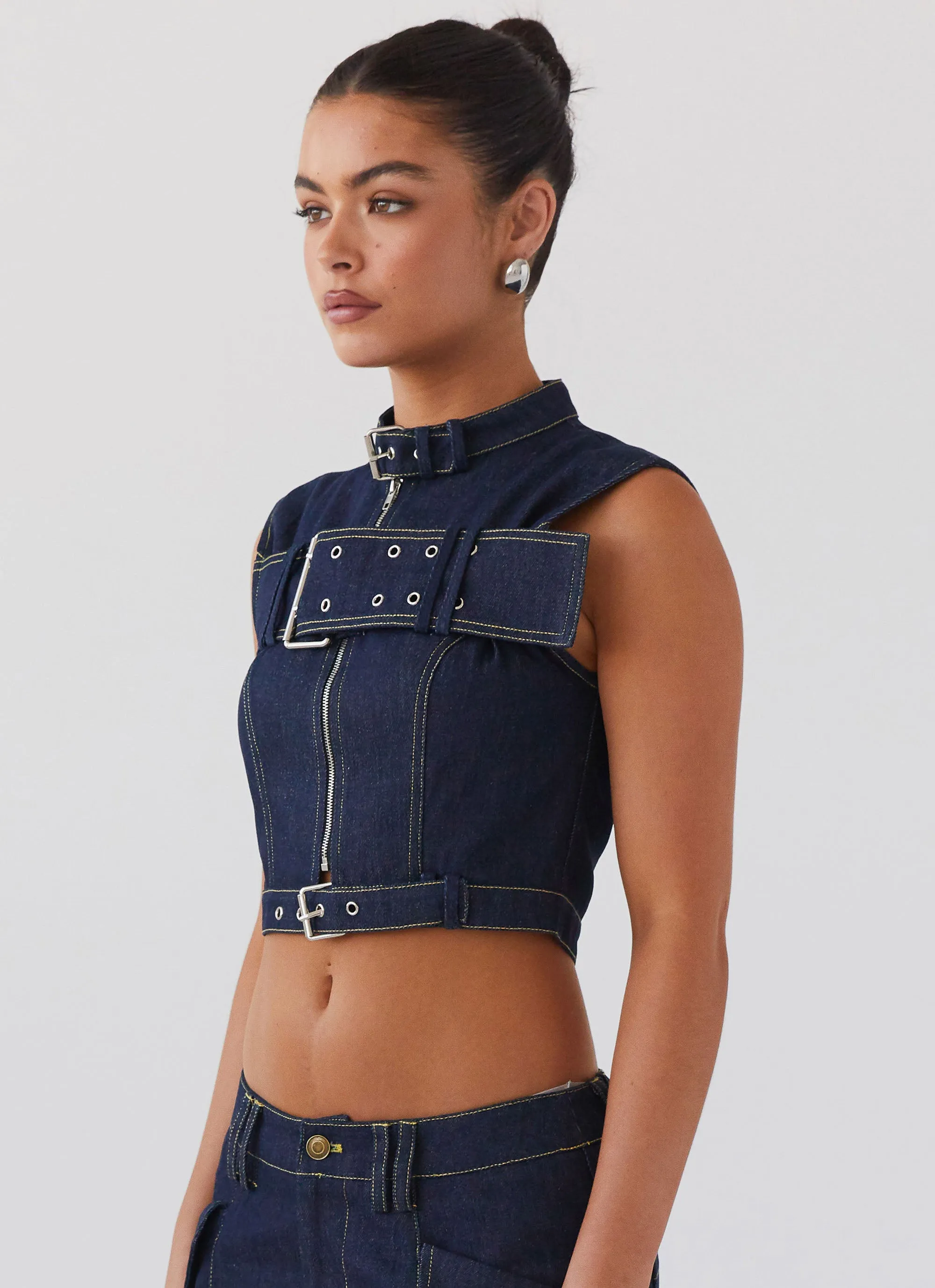 Greedy Denim Buckle Top - Indigo