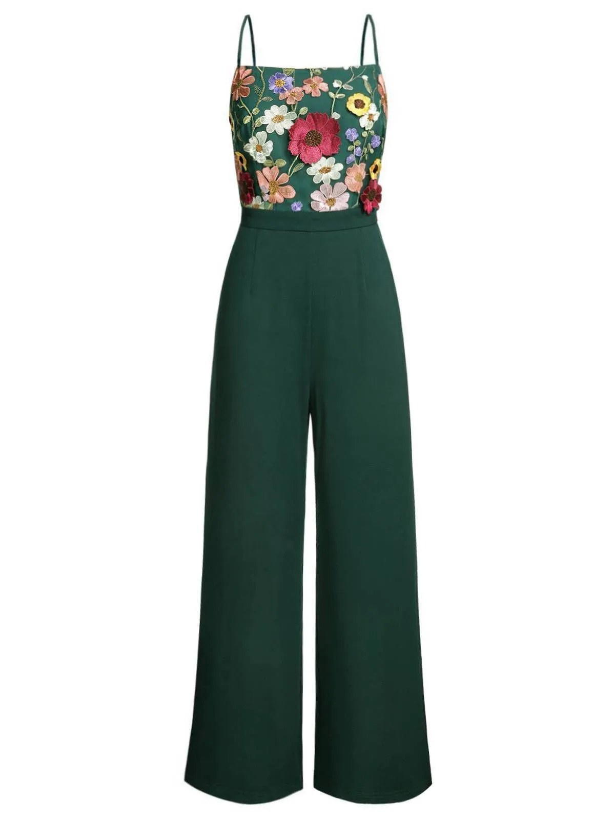 Green 1930s 3D Floral Strap Patchwork Jumpsuit