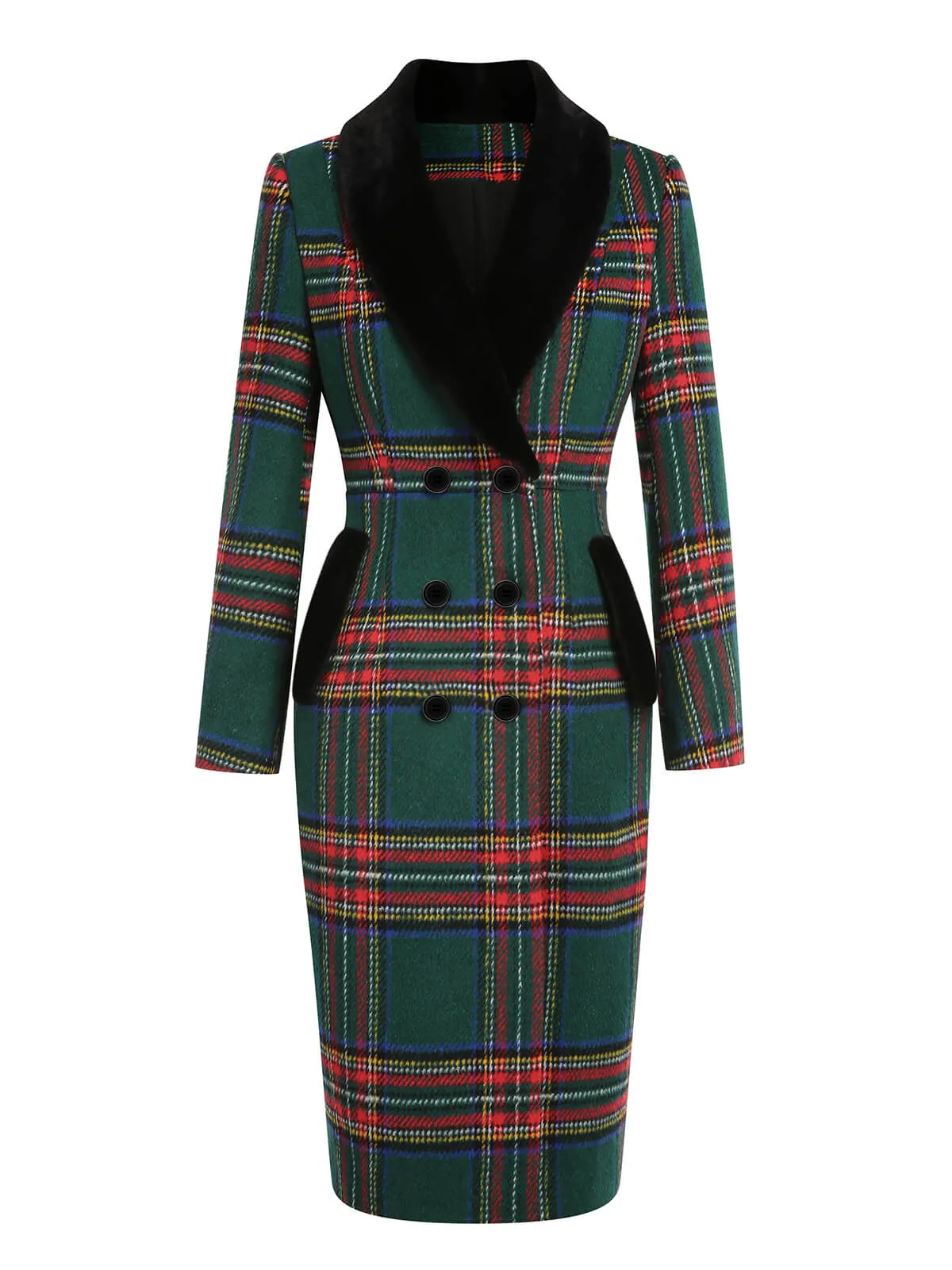 Green 1960s Plaid Fur Collar Pencil Coat