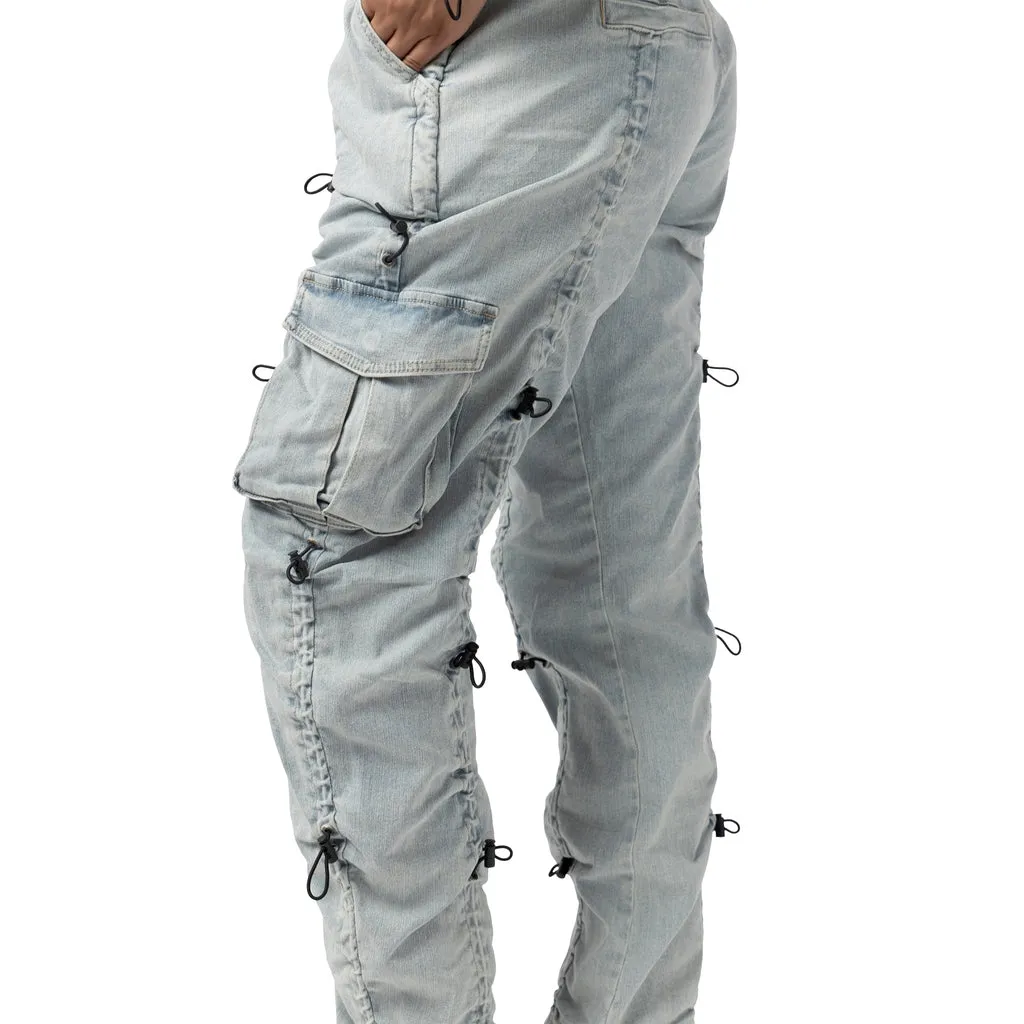 High Rise Multi Bungee Cargo Denim Joggers - Speckle Blue