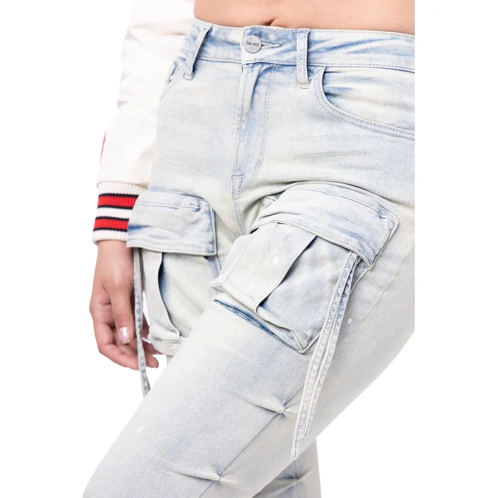 High Rise Stacked Cargo Jeans - Ombre Blue