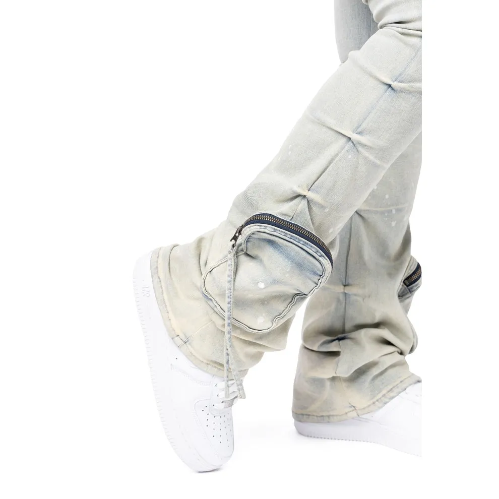 High Rise Stacked Cargo Jeans - Ombre Blue