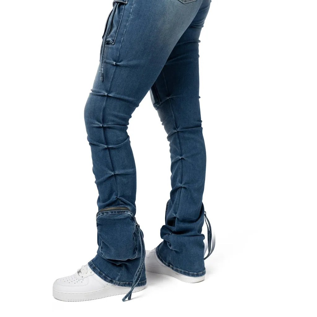 High Rise Stacked Cargo Jeans - Southport Blue