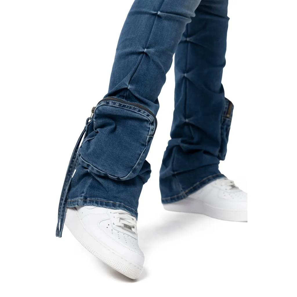 High Rise Stacked Cargo Jeans - Southport Blue