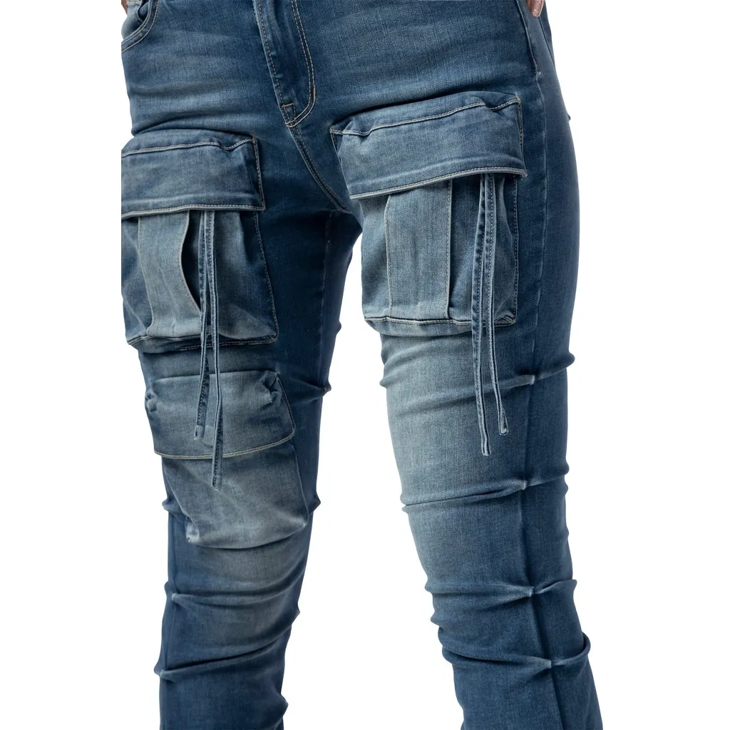 High Rise Stacked Cargo Jeans - Southport Blue