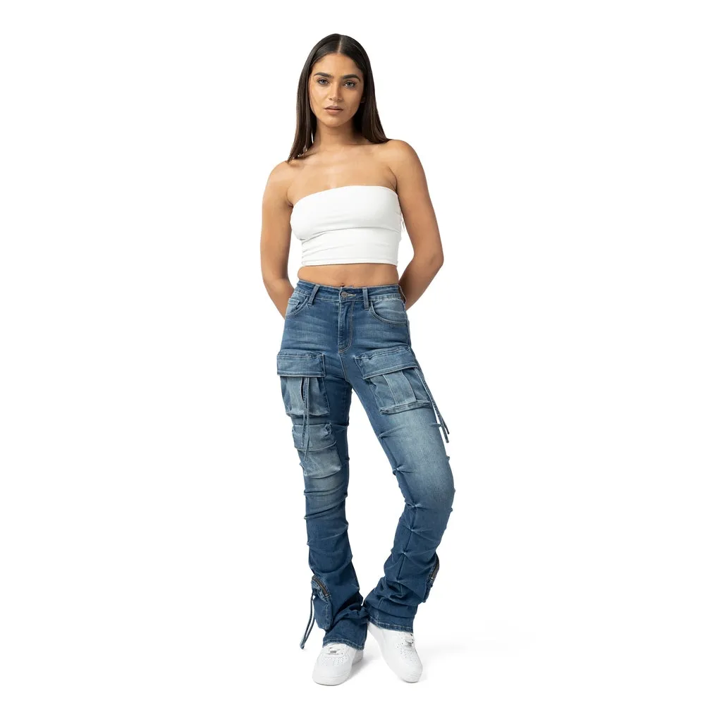 High Rise Stacked Cargo Jeans - Southport Blue