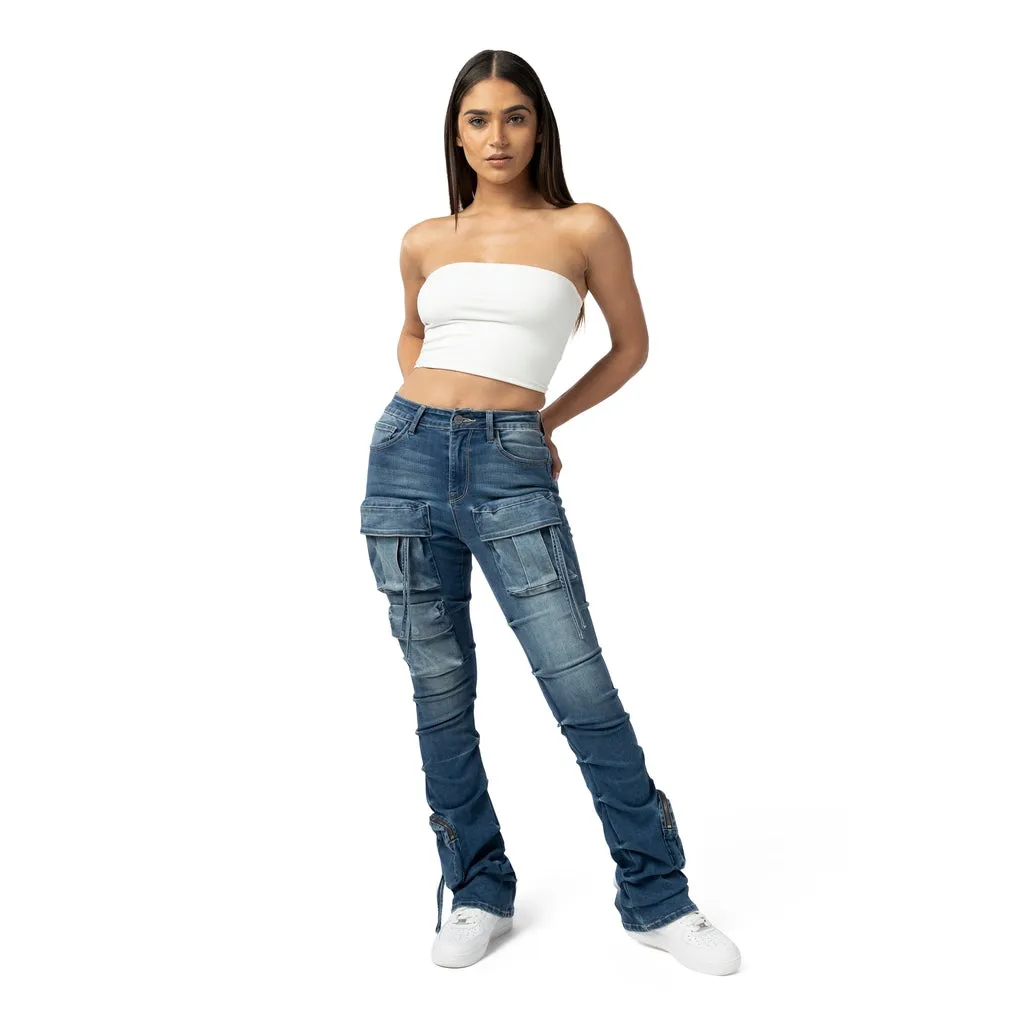 High Rise Stacked Cargo Jeans - Southport Blue