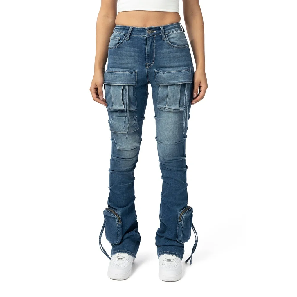 High Rise Stacked Cargo Jeans - Southport Blue