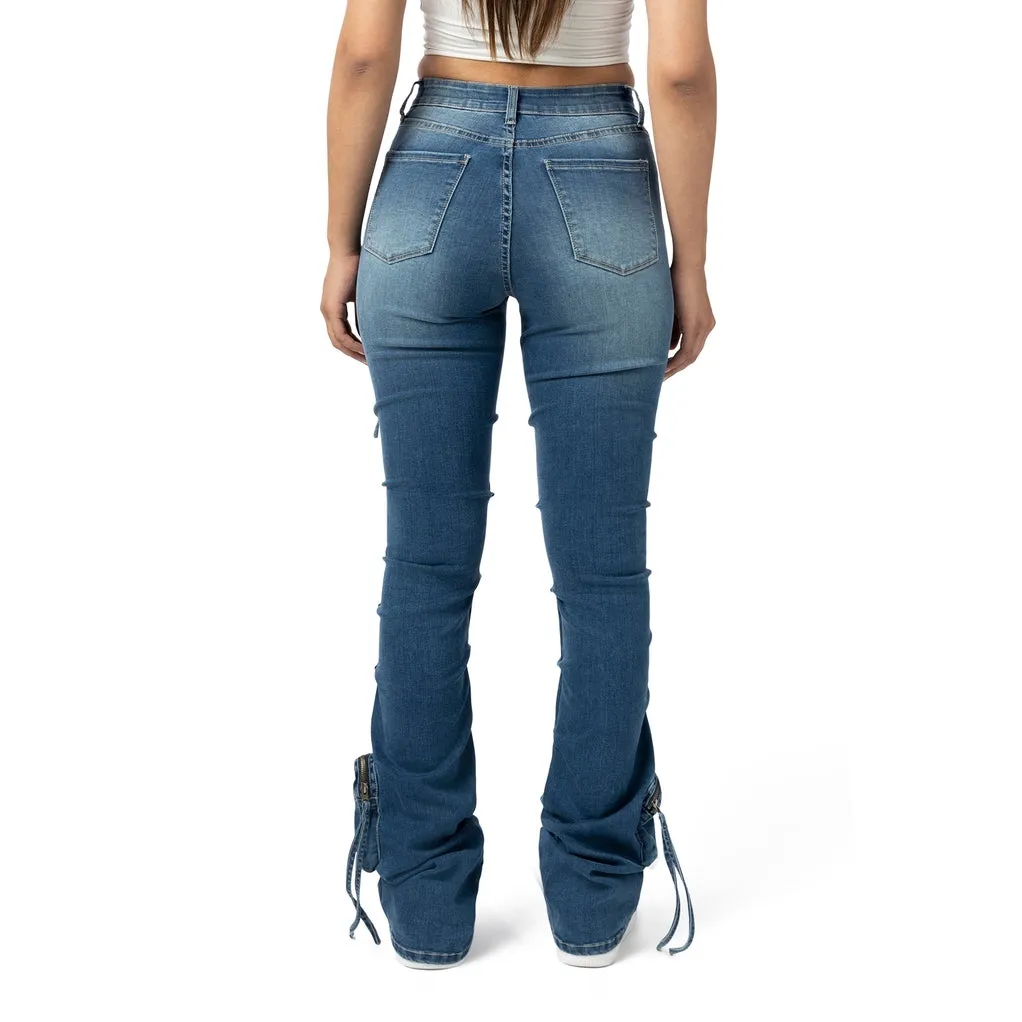 High Rise Stacked Cargo Jeans - Southport Blue