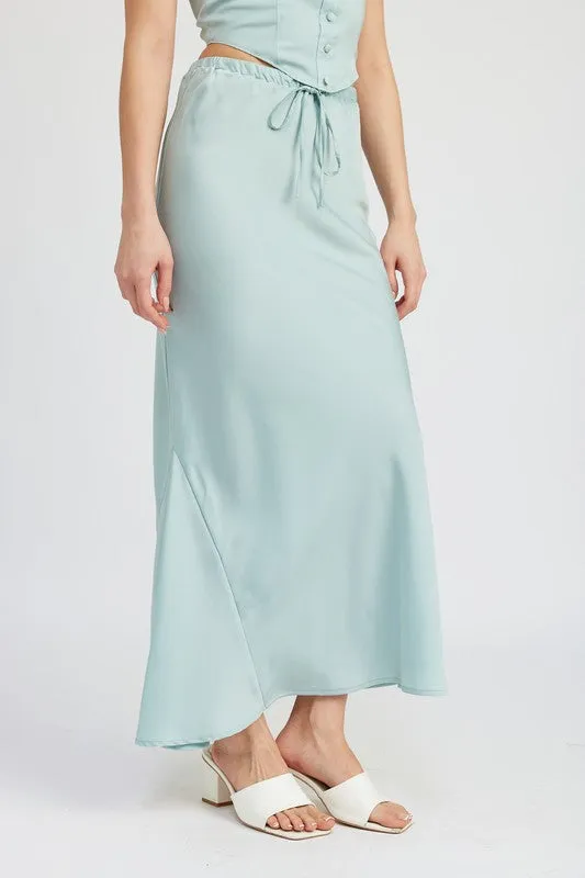 Hot Girl Emory Front Tie Satin Midi Skirt In Aqua