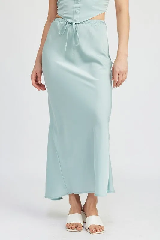 Hot Girl Emory Front Tie Satin Midi Skirt In Aqua