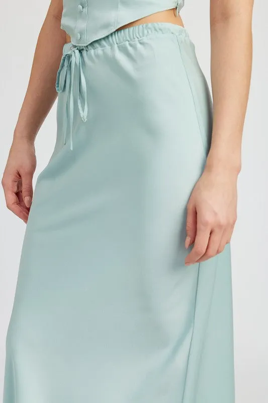 Hot Girl Emory Front Tie Satin Midi Skirt In Aqua