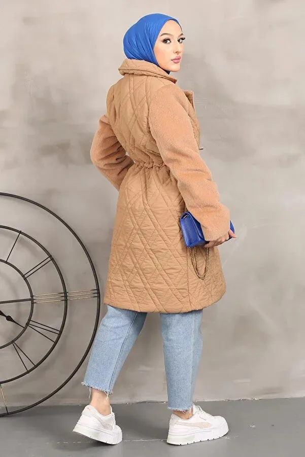 Imajbutik Women's Dark Camel Double Breasted Collar Quilted Coat