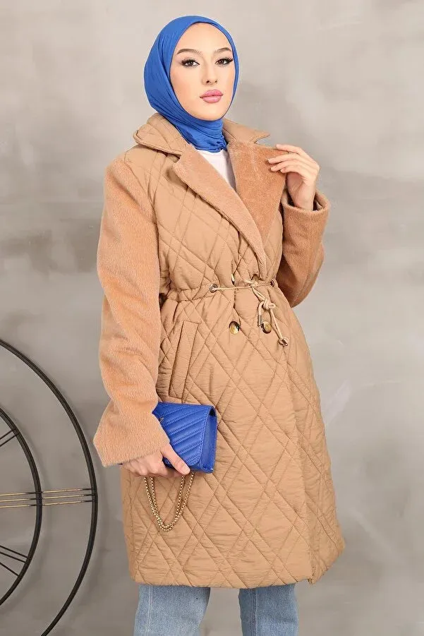 Imajbutik Women's Dark Camel Double Breasted Collar Quilted Coat