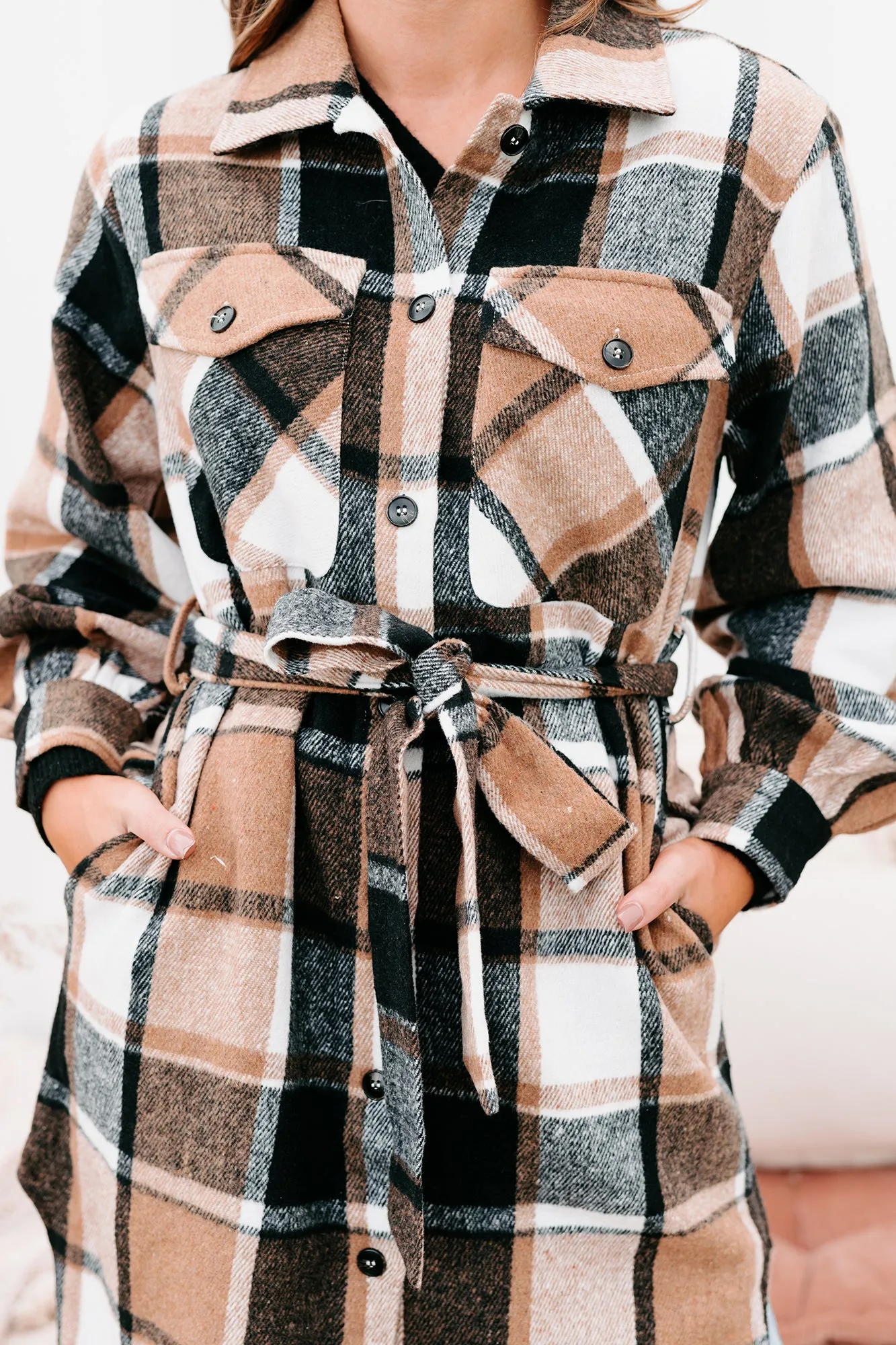 Keep Checkin Plaid Long Shacket (Taupe)