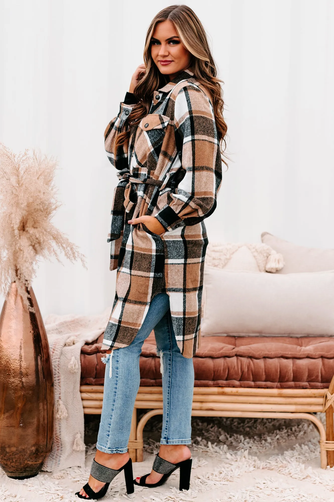 Keep Checkin Plaid Long Shacket (Taupe)