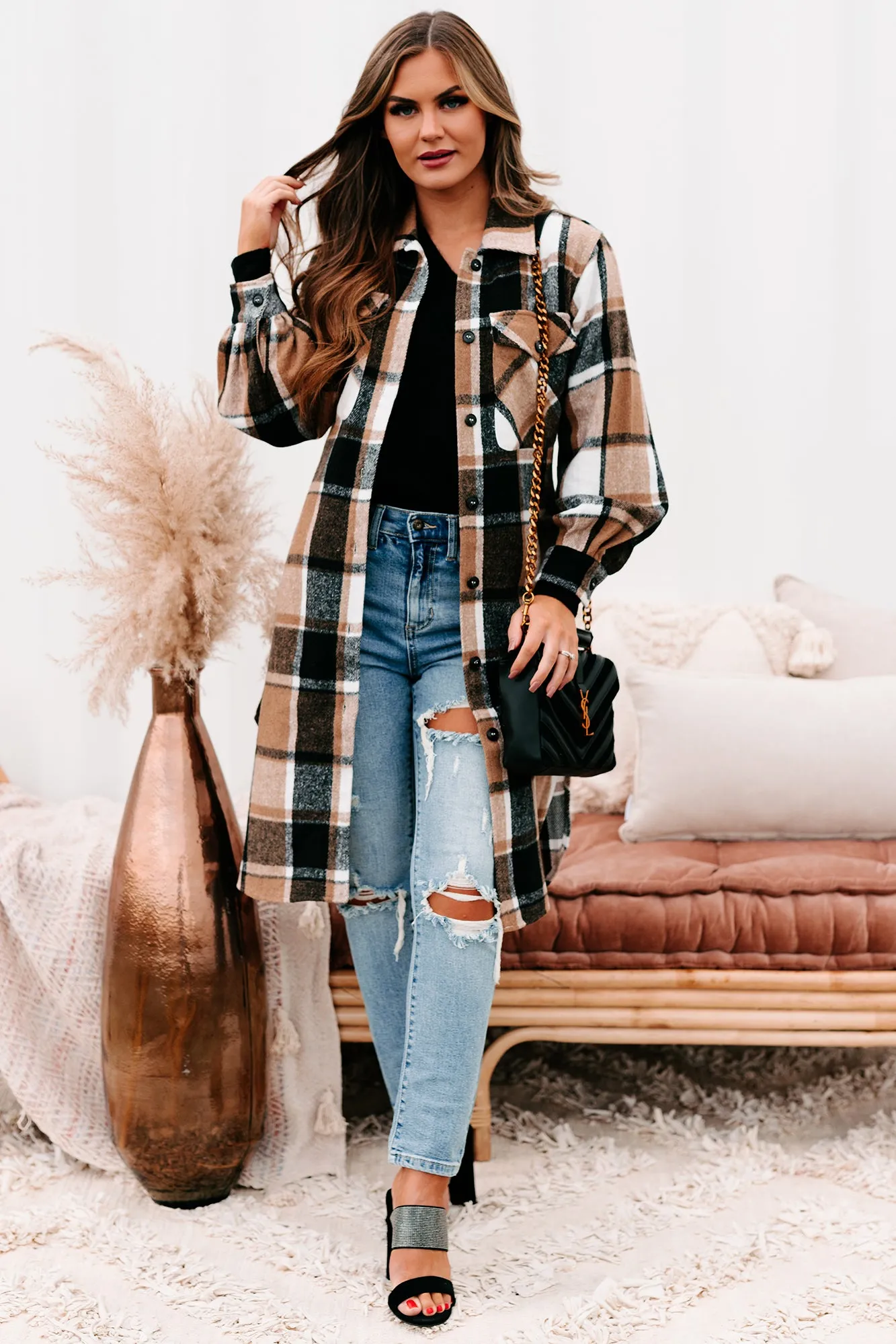 Keep Checkin Plaid Long Shacket (Taupe)