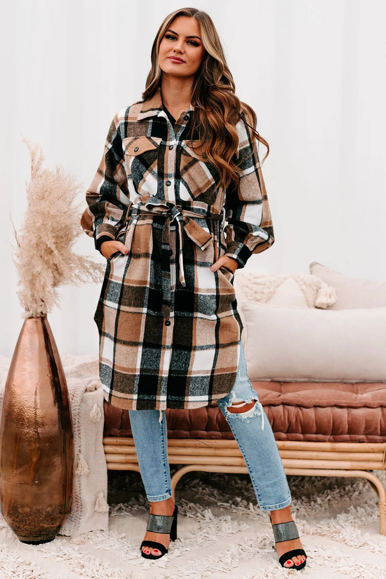 Keep Checkin Plaid Long Shacket (Taupe)