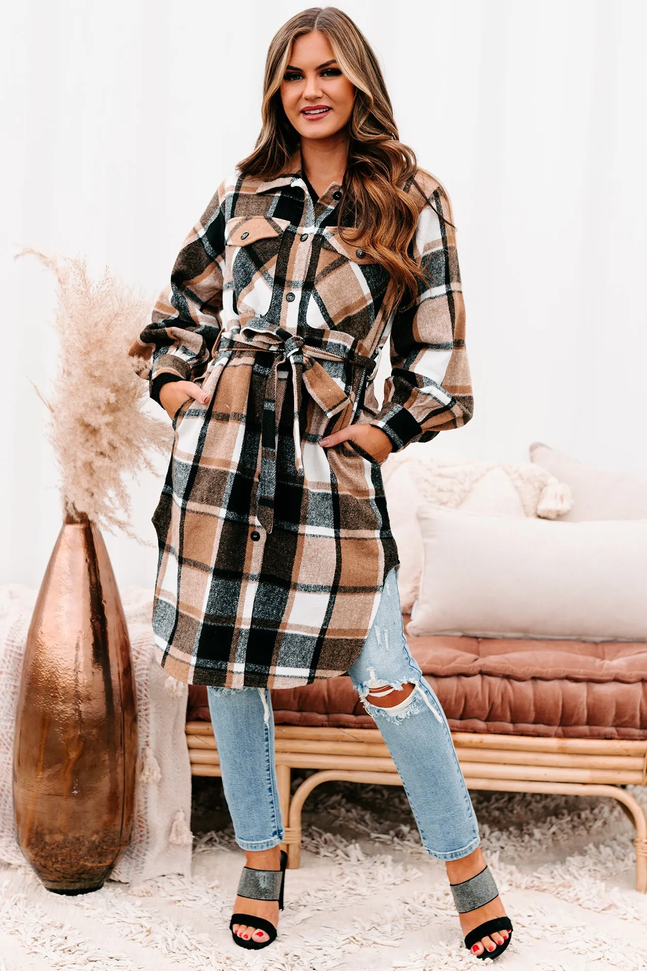 Keep Checkin Plaid Long Shacket (Taupe)