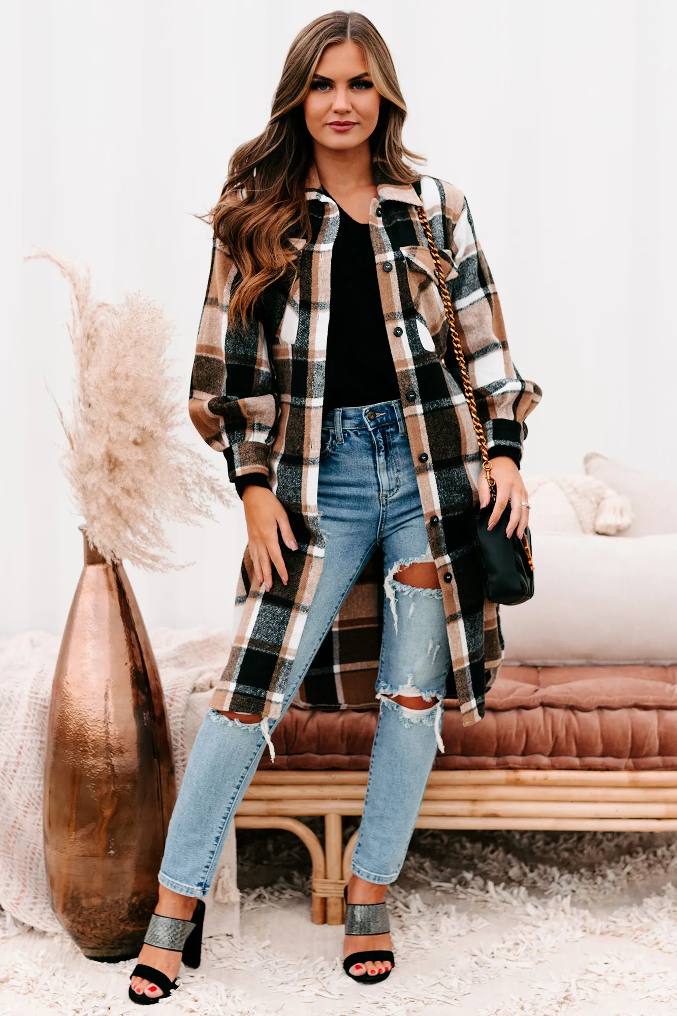 Keep Checkin Plaid Long Shacket (Taupe)