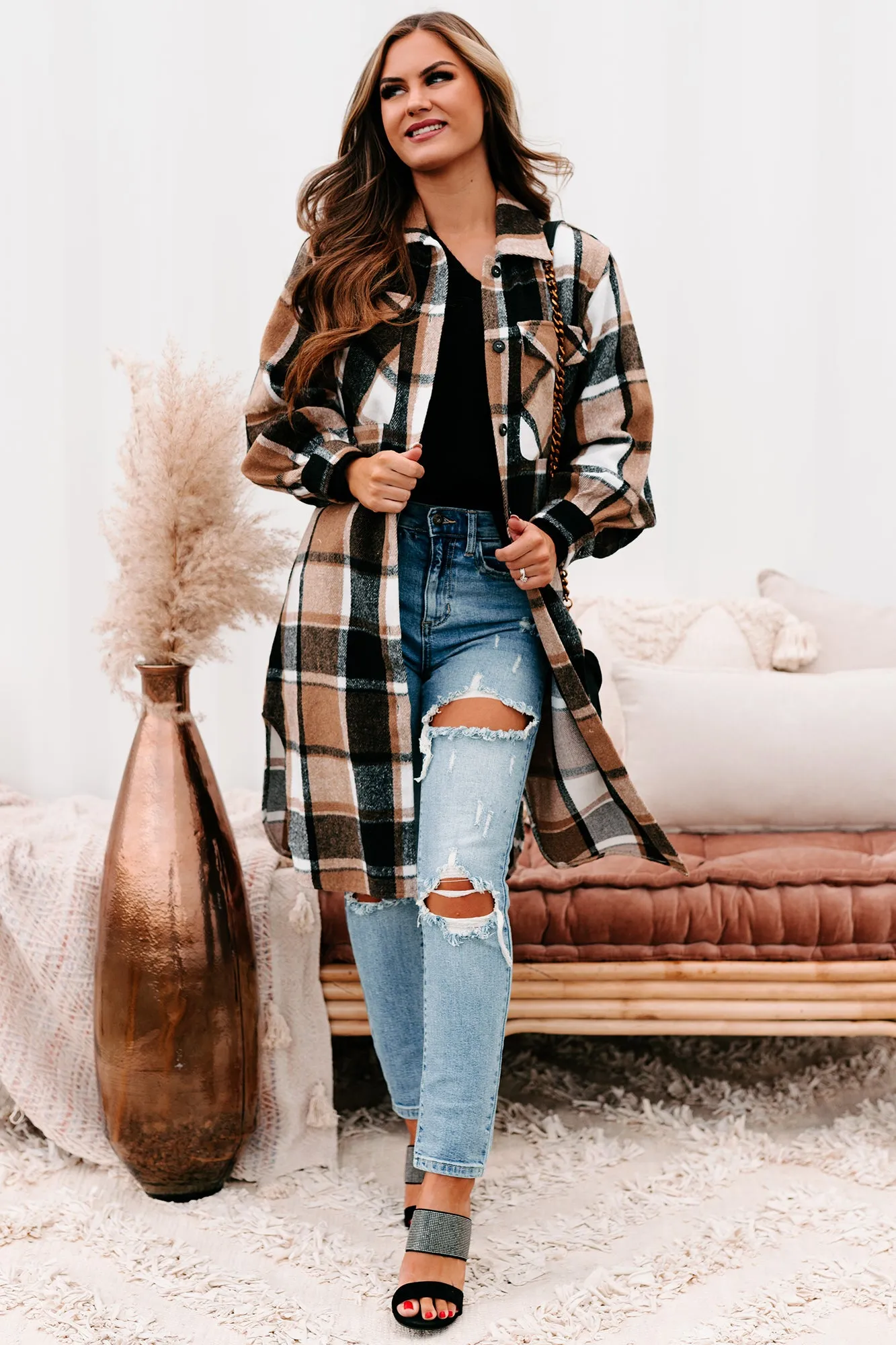 Keep Checkin Plaid Long Shacket (Taupe)