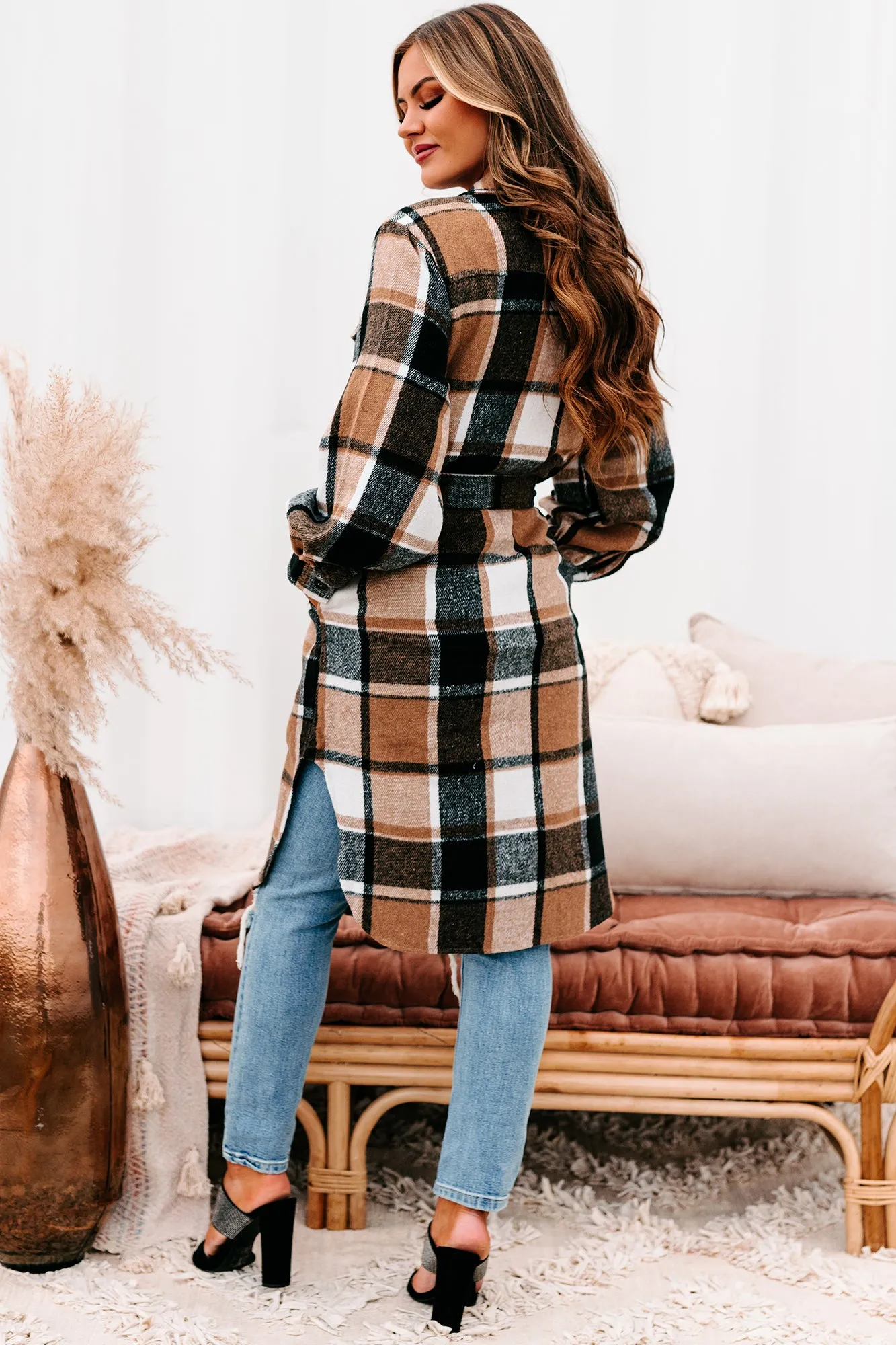 Keep Checkin Plaid Long Shacket (Taupe)